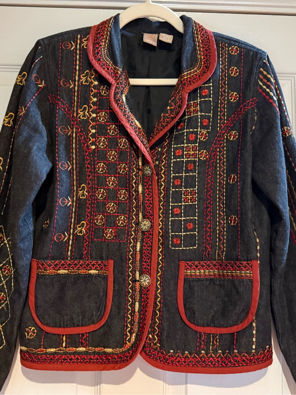 Vintage Wear It Embroidered 100% Cotton Jacket SZ 0 Boho Folk Art Shoulder Pads